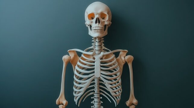 A realistic human skeleton model against a dark backdrop ideal for educational purposes in anatomy courses, medical training, or artistic projects