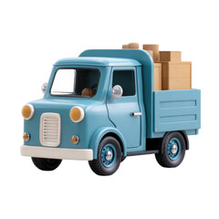 A blue toy truck with a wooden box on top
