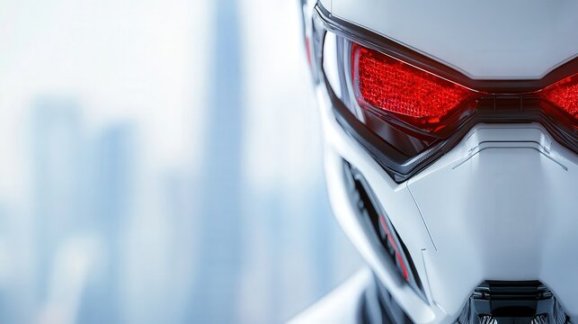 A close-up of a futuristic robotic mask featuring glowing red eyes, suitable for science fiction themes, tech-related projects, or discussions on robotics and artificial intelligence advancements,