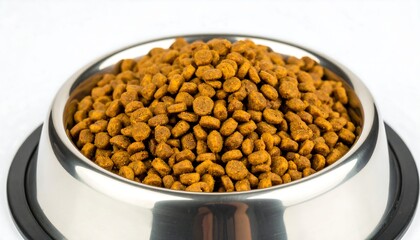 Dog food pellets in metal bowl