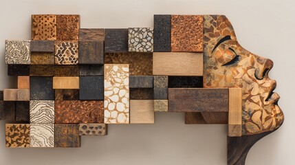 Abstract wooden portrait, head in profile with textured geometric blocks for hair