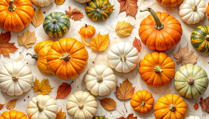 Fototapeta premium Pumpkin assortment with colorful gourds and autumn leaves. Fall harvest and Thanksgiving decoration concept on a white background.