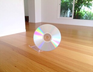 Compact disc on light hardwood floor in bright room