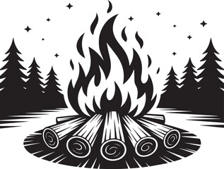 Black silhouette of a campfire with logs and pine trees, ideal for outdoor, nature, and wilderness design projects.