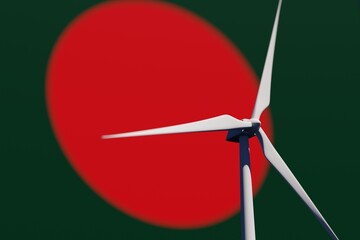 Wind turbine on a background of blurred flag of Bangladesh. Wind power concept, selective focus