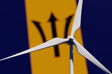Wind turbine on a background of blurred flag of Barbados. Wind power concept, selective focus
