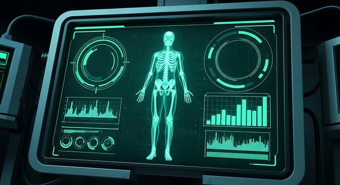 Futuristic Medical Scanner Displaying Human Anatomy and Vital Signs Data