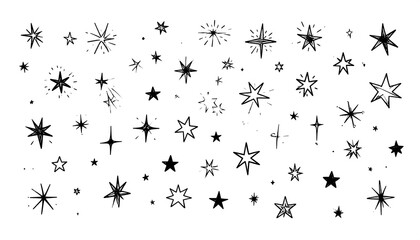 A diverse collection of hand-drawn star shapes, varying in design and detail, creates a captivating graphic pattern.