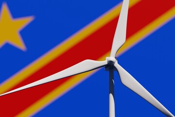 Wind turbine on a background of blurred flag of Democratic Republic of Congo. Wind power concept, selective focus