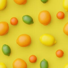 Top flat view on citrus fruits on cookie brown background as seamles pattern