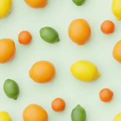 Seamless pattern with many citrus fruits on green thumb background. Top shot, flat view