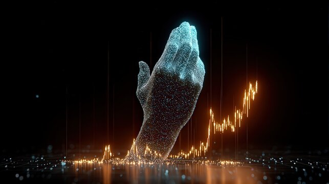 A digital representation of a hand entwined with vibrant data points, symbolizing growth and investment trends - Powered by Adobe