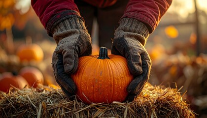 Pumpkin harvest with a farmers gloved hands placing a gourd on a hay bale in autumn.