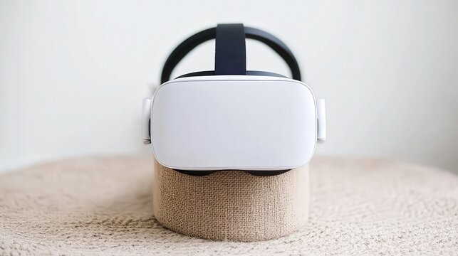 A sleek virtual reality headset rests on a textured surface, highlighting its modern design, This image is ideal for tech-related articles, advertisements