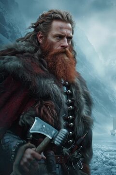 Epic viking warrior with red beard and axe in a frozen landscape