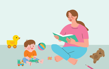 Mother reading a book to her child in a room