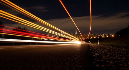 Obraz premium Night Cityscape: Long Exposure of Light Trails on Highway, Dynamic City Background.