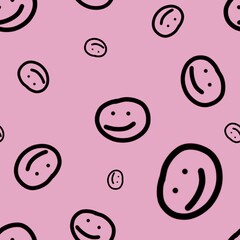 Seamless pattern from happy face. The symbols are made in black color on pale violet red background