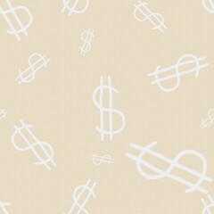 Symbols of dollar symbol. Seamless pattern in white color on burly wood background