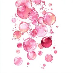 A vibrant composition of floating pink bubbles on a white background, ideal for representing freshness, beauty, or luxury in various marketing materials, Perfect for cosmetics, spa promotions