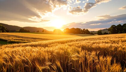 Golden wheat field at sunset with distant trees and mountains under a partly cloudy sky