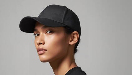 Professional Studio Portrait of a Person in a Black Baseball Cap, Looking Directly at the Camera, with a Neutral Expression Against a Plain Gray Background