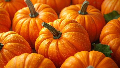 Pumpkin patch with many fresh orange pumpkins for autumn harvest.