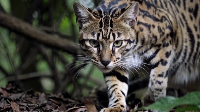 Close-up video of a wild cat prowling through the forest. Low-angle shot captures its intense gaze and intricate fur patterns amidst lush greenery. Live desktop wallpaper.