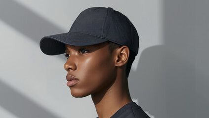 Professional Studio Portrait of a Person in a Dark Gray Cap, with a Focused Gaze and Dramatic Shadows, Against a Minimalist Background