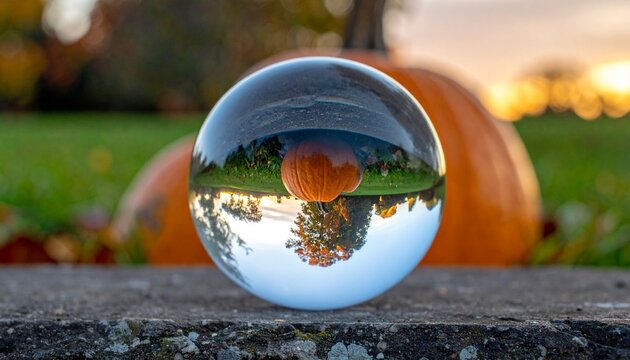 Pumpkin reflected upside down in a crystal ball during a beautiful autumn sunset.