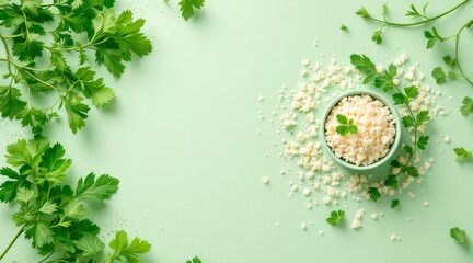 Overhead shot showcases a bowl of cauliflower rice surrounded by fresh parsley on a light green background
