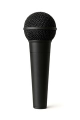 Isolated image of a black microphone with a mesh head on a white background in a vertical shot