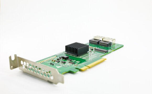 Disk array controller card( Raid ) with double mini sas connector isolate on a white background.