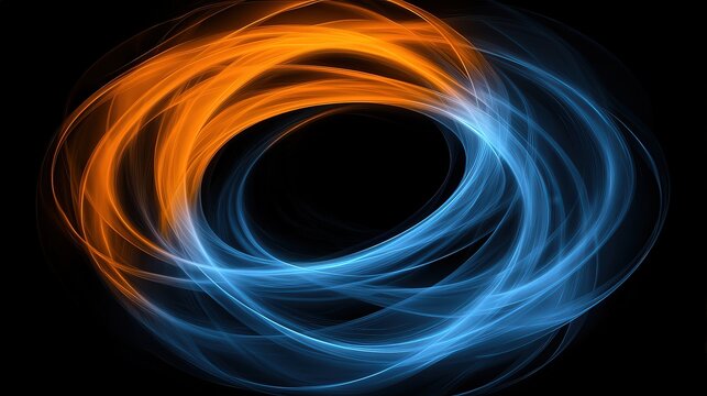 A dynamic swirl of blue and orange light creates an abstract, energetic design suitable for tech blogs, digital art projects, or backgrounds, It evokes a sense of movement and creativity,