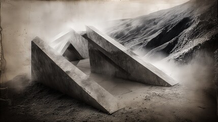 A surreal landscape features abstract concrete structures rising from a desolate terrain, enveloped in mist, This striking image can be used in digital art projects, architecture presentations