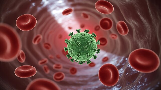 Microscopic View of Virus and Red Blood Cells in Bloodstream