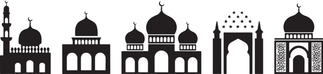 Set of black mosque silhouettes with domes and minarets for Islamic architecture design projects.