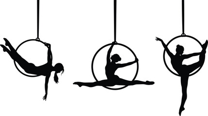 Silhouettes of aerial hoop performers in dynamic poses, suspended in Lyra, showcasing flexibility, strength, elegance, black and white, acrobatics © Creative Art