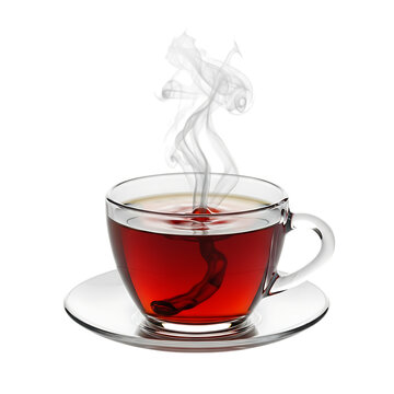 A steaming cup of tea isolated on transparent background, showcasing the rich, dark liquid and delicate wisps of vapor rising from its surface, inviting a moment of relaxation and warmth with this cla