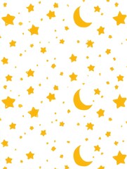 Colorful Pattern Featuring Yellow Moons and Stars on a Bright White Background Creates a Playful and Whimsical Atmosphere Suitable for Various Designs