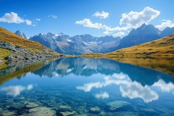 Beautiful lake surrounded by mountains with a clear blue sky