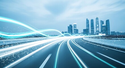 Futuristic City Highway: Speed, Technology, and Urban Development. Abstract Light Trails and Modern Skyline.