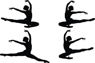 Silhouettes of ballet dancers leaping in grand jeté, showcasing grace, athleticism, flexibility, black and white, white background, elegant motion
