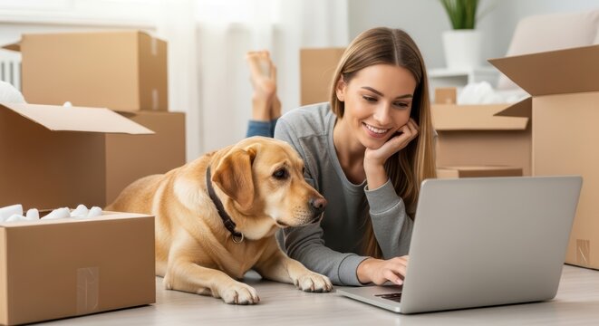 Woman with dog relaxing amidst moving boxes while browsing laptop