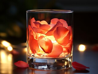 Glass vase filled with red petals and a lit candle