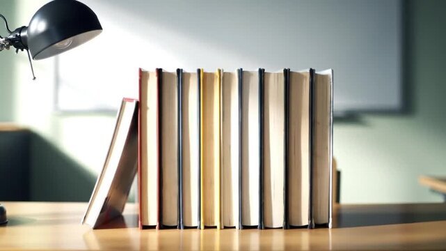 Stacked Books on Desk with Lamp: Education and Learning