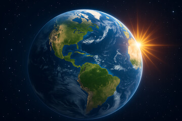 Fototapeta premium A stunning view of the planet earth from space with the sun rising brightly on the right side over the african continent and clouds below
