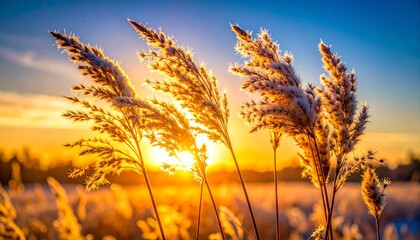 Fototapeta premium Sunrise over a field of tall grass with golden light shining through the reeds.
