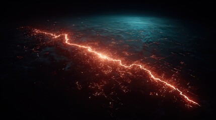 A mesmerizing aerial view depicts a glowing, crackling line of energy cutting through a dark landscape, symbolizing power and movement, This image is ideal for science, technology