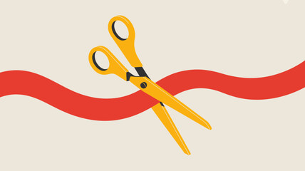 Golden scissors cutting red ribbon grand opening ceremony vector illustration white background